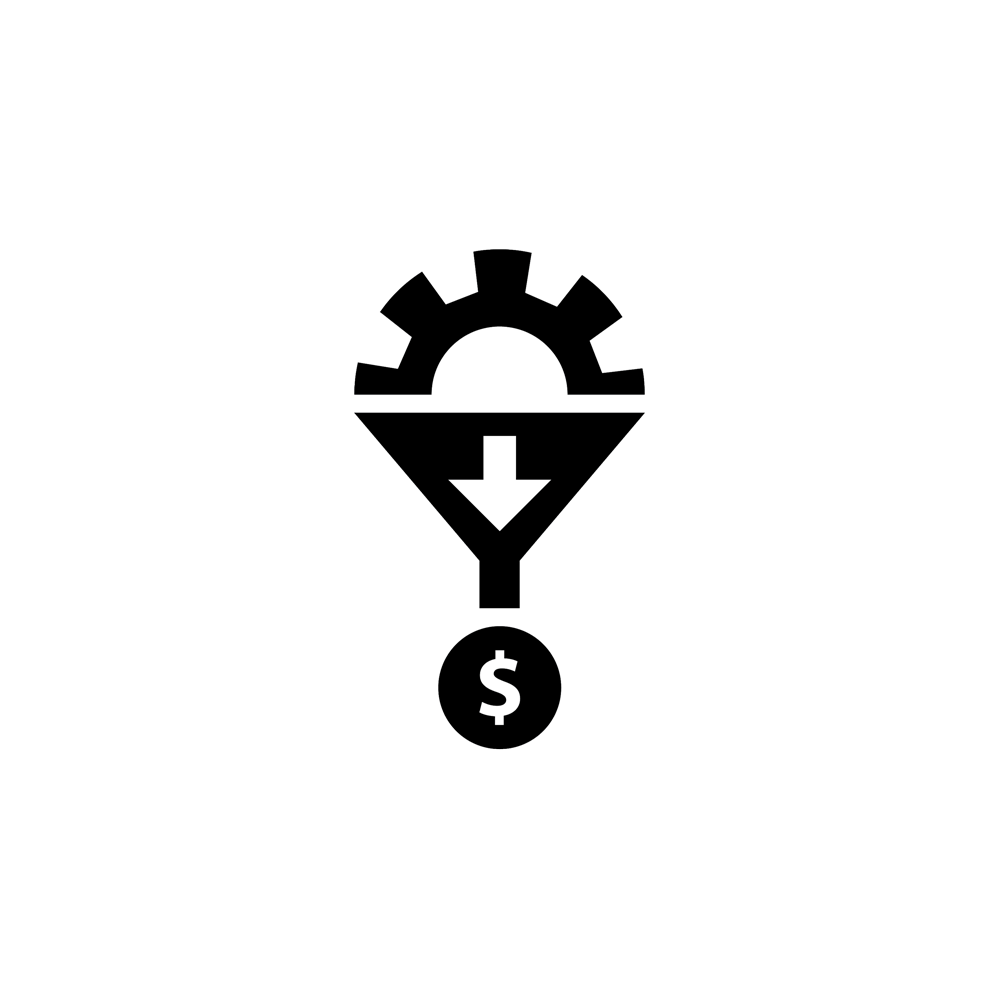 An arrow pointing from a mechanical gear to a dollar sign.